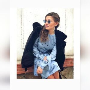 Women's H&M Blue Crane (Bird) Long Sleeve Dress with belt - Size 8